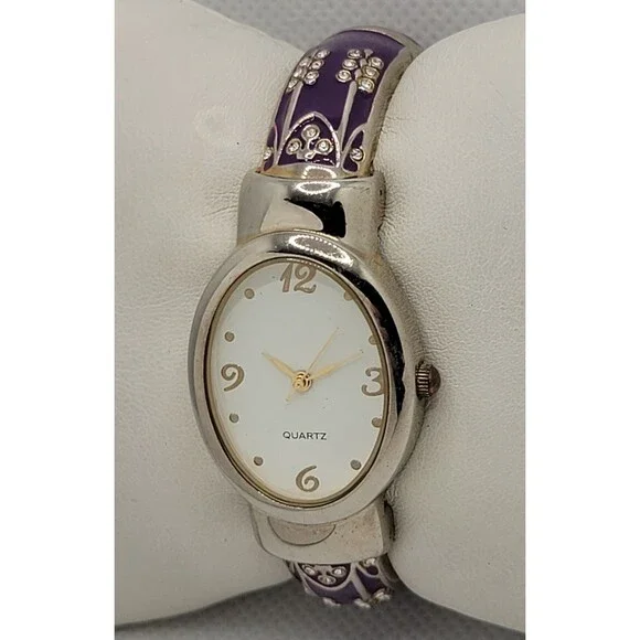 Women's Classic Oval Silver Tone White Dial Purple Cuff Bracelet Watch 01 - Picture 2 of 8